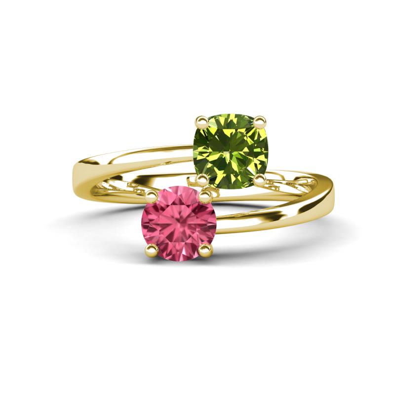 Jianna 6.00 mm Cushion Peridot and Round Pink Tourmaline 2 Stone Promise Ring 