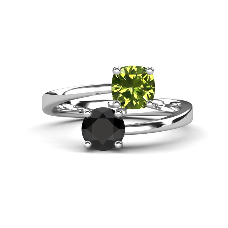 Jianna 6.00 mm Cushion Peridot and Round Black Diamond 2 Stone Promise Ring 