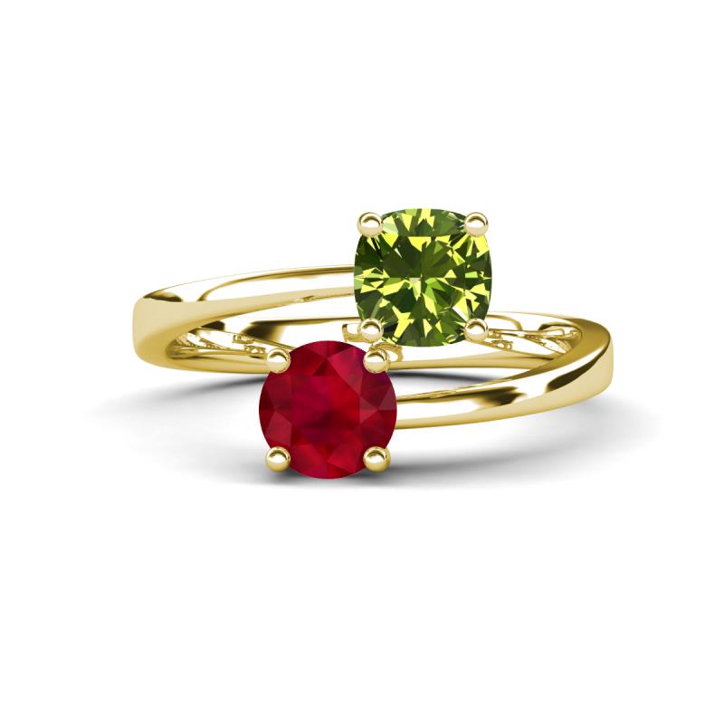 Jianna 6.00 mm Cushion Peridot and Round Ruby 2 Stone Promise Ring 