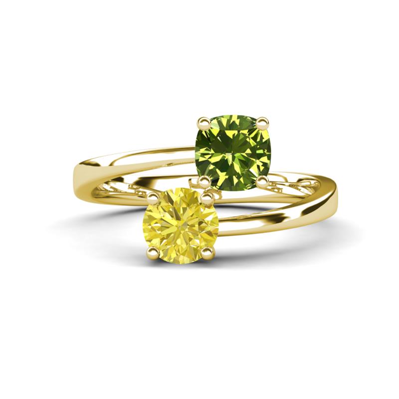 Jianna 6.00 mm Cushion Peridot and Round Yellow Diamond 2 Stone Promise Ring 