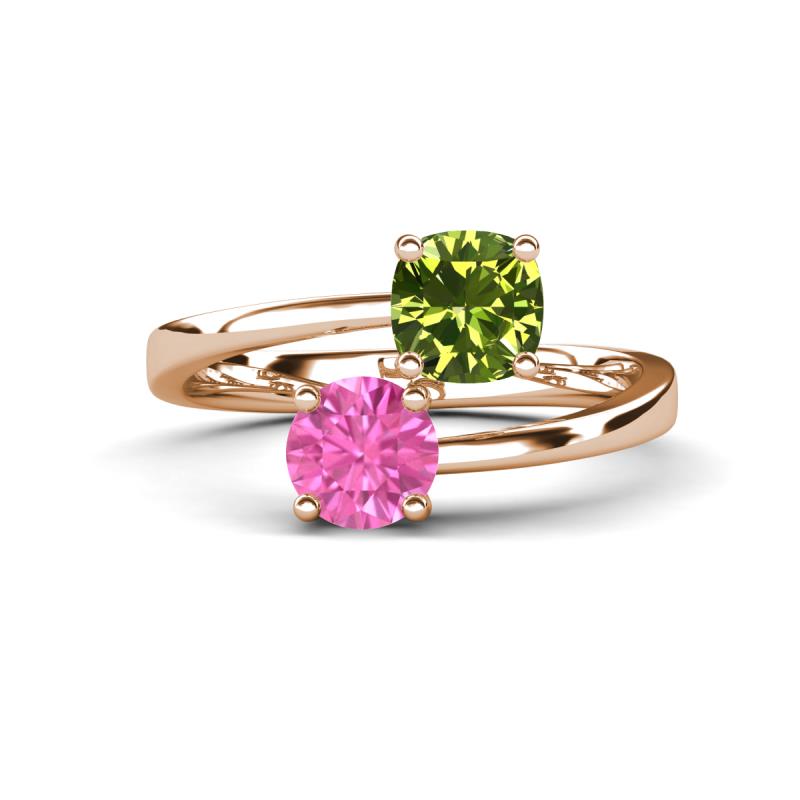 Jianna 6.00 mm Cushion Peridot and Round Lab Created Pink Sapphire 2 Stone Promise Ring 