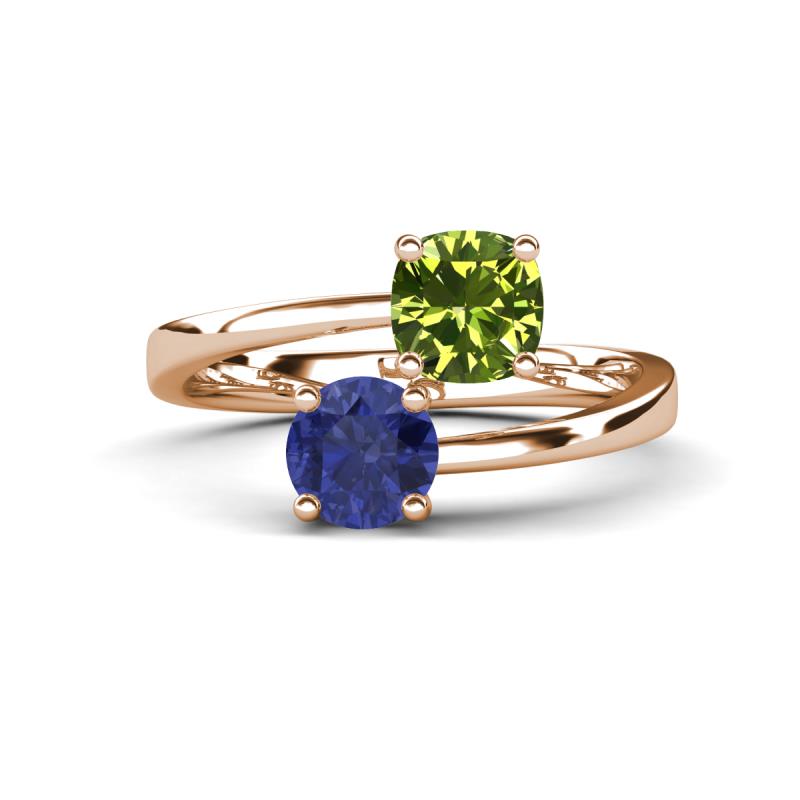 Jianna 6.00 mm Cushion Peridot and Round Iolite 2 Stone Promise Ring 