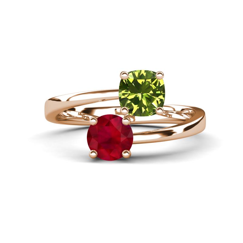 Jianna 6.00 mm Cushion Peridot and Round Ruby 2 Stone Promise Ring 