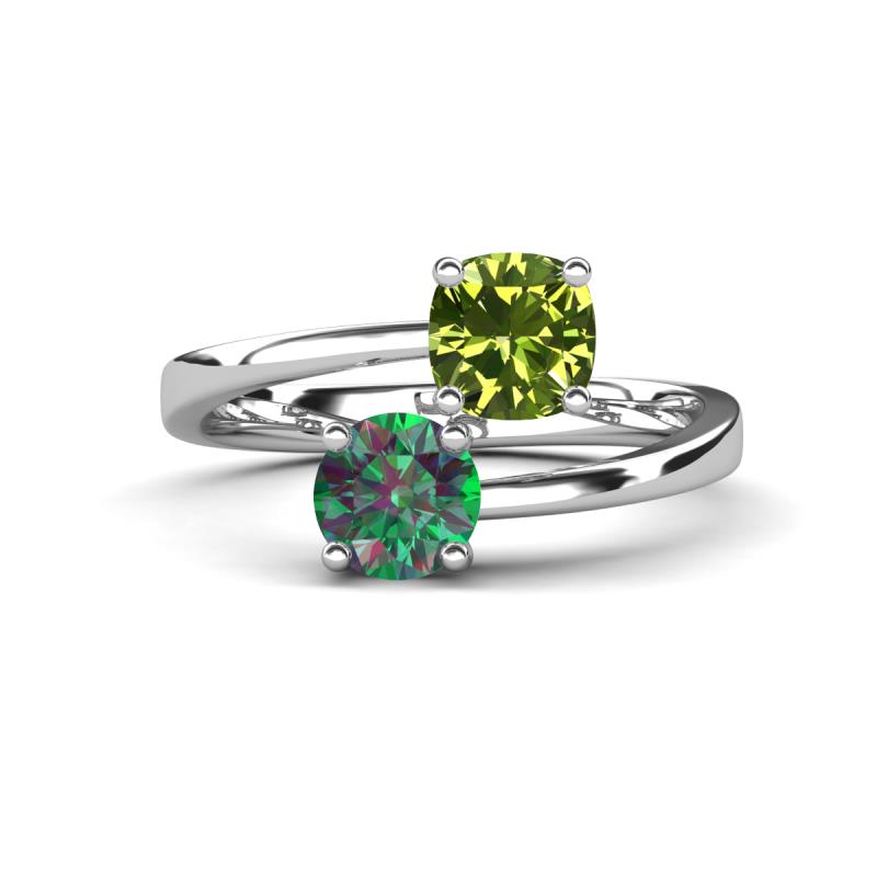 Jianna 6.00 mm Cushion Peridot and Round Lab Created Alexandrite 2 Stone Promise Ring 