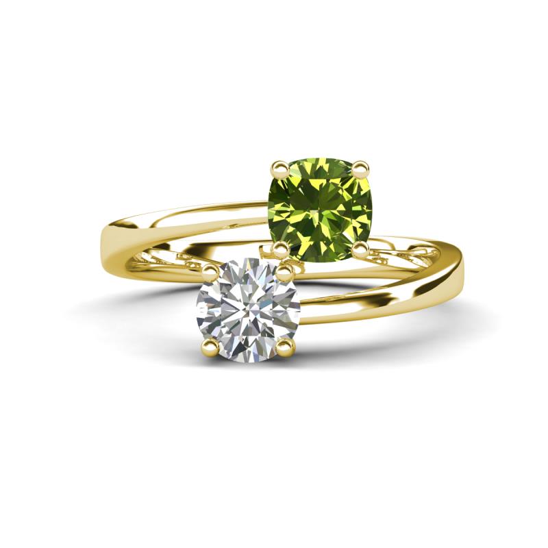 Jianna 6.00 mm Cushion Peridot and Round Forever Brilliant Moissanite 2 Stone Promise Ring 