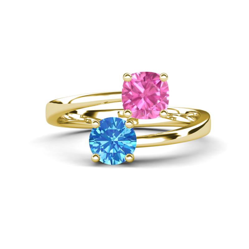 Jianna 6.00 mm Cushion Lab Created Pink Sapphire and Round Blue Topaz 2 Stone Promise Ring 