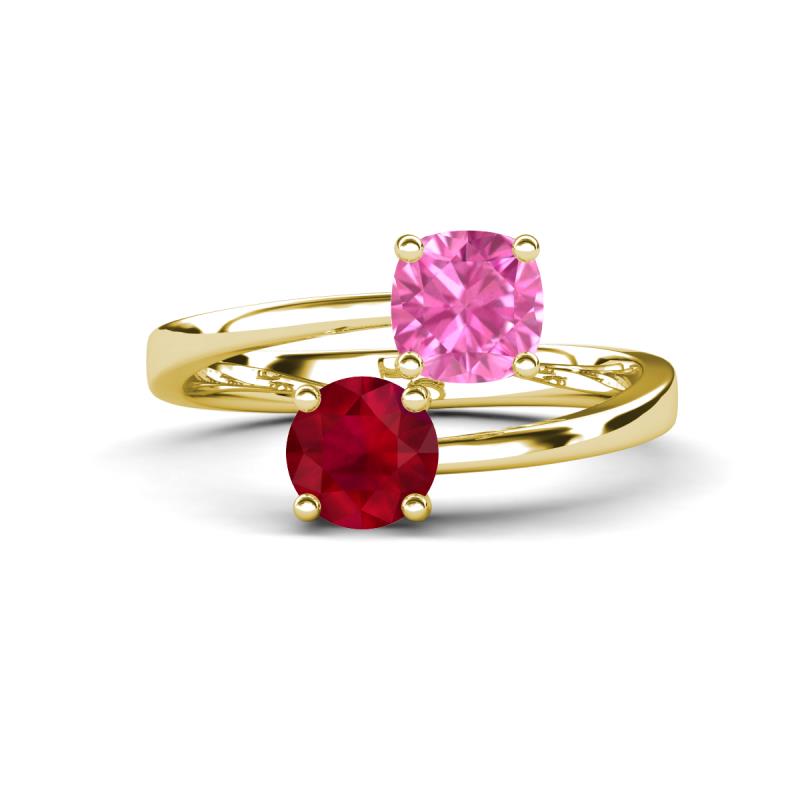 Jianna 6.00 mm Cushion Lab Created Pink Sapphire and Round Ruby 2 Stone Promise Ring 
