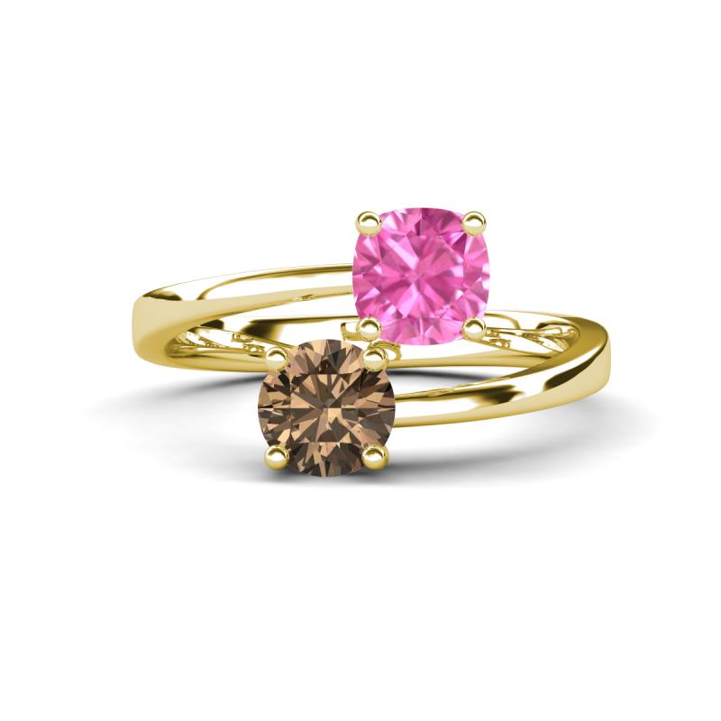 Jianna 6.00 mm Cushion Lab Created Pink Sapphire and Round Smoky Quartz 2 Stone Promise Ring 