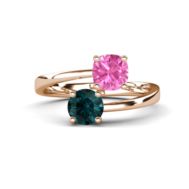 Jianna 6.00 mm Cushion Lab Created Pink Sapphire and Round London Blue Topaz 2 Stone Promise Ring 