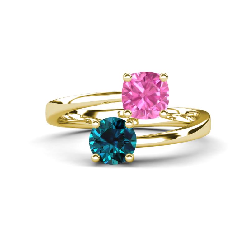 Jianna 6.00 mm Cushion Lab Created Pink Sapphire and Round Blue Diamond 2 Stone Promise Ring 