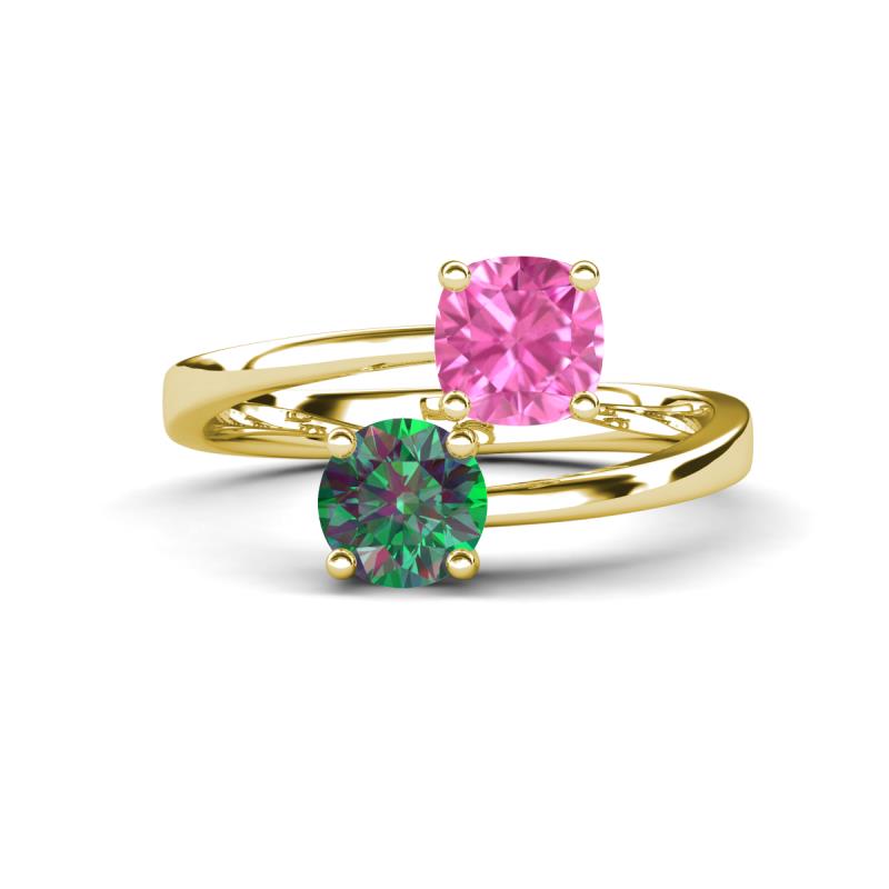 Jianna 6.00 mm Cushion Lab Created Pink Sapphire and Round Lab Created Alexandrite 2 Stone Promise Ring 
