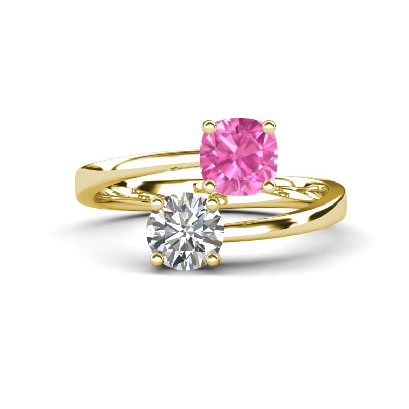 Jianna 6.00 mm Cushion Lab Created Pink Sapphire and GIA Certified Round Natural Diamond 2 Stone Promise Ring 