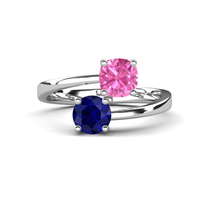 Jianna 6.00 mm Cushion Lab Created Pink Sapphire and Round Blue Sapphire 2 Stone Promise Ring 