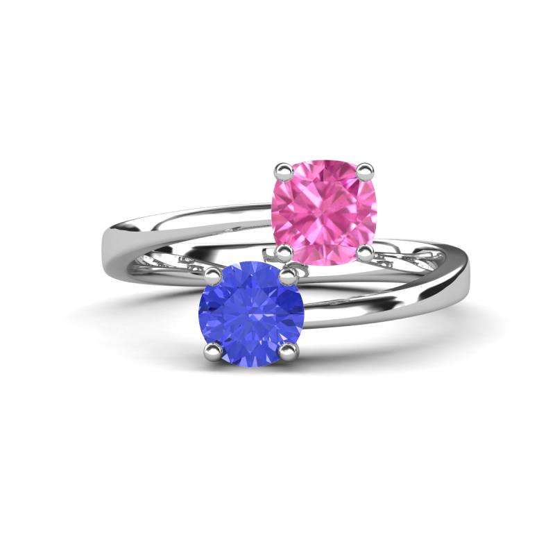 Jianna 6.00 mm Cushion Lab Created Pink Sapphire and Round Tanzanite 2 Stone Promise Ring 