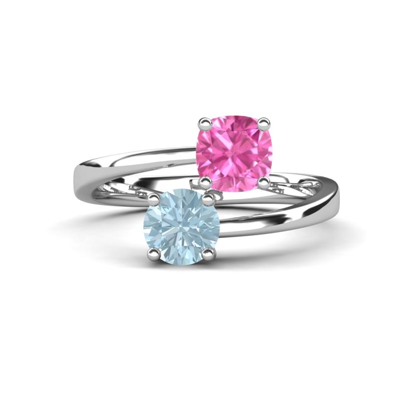 Jianna 6.00 mm Cushion Lab Created Pink Sapphire and Round Aquamarine 2 Stone Promise Ring 