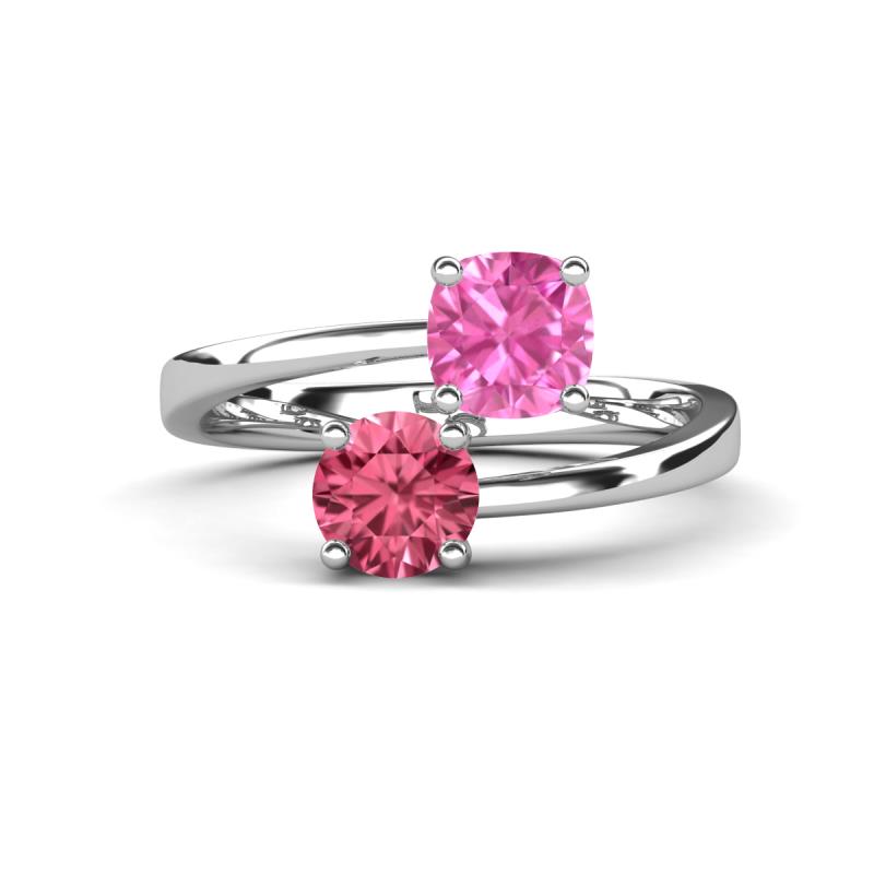 Jianna 6.00 mm Cushion Lab Created Pink Sapphire and Round Pink Tourmaline 2 Stone Promise Ring 