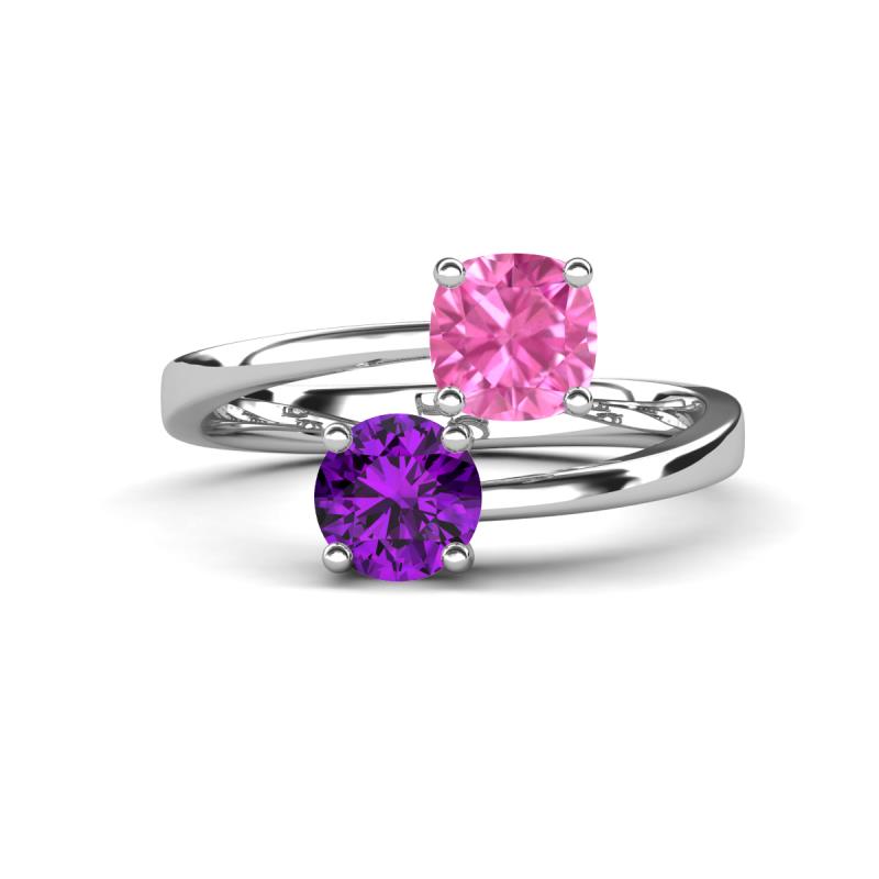Jianna 6.00 mm Cushion Lab Created Pink Sapphire and Round Amethyst 2 Stone Promise Ring 