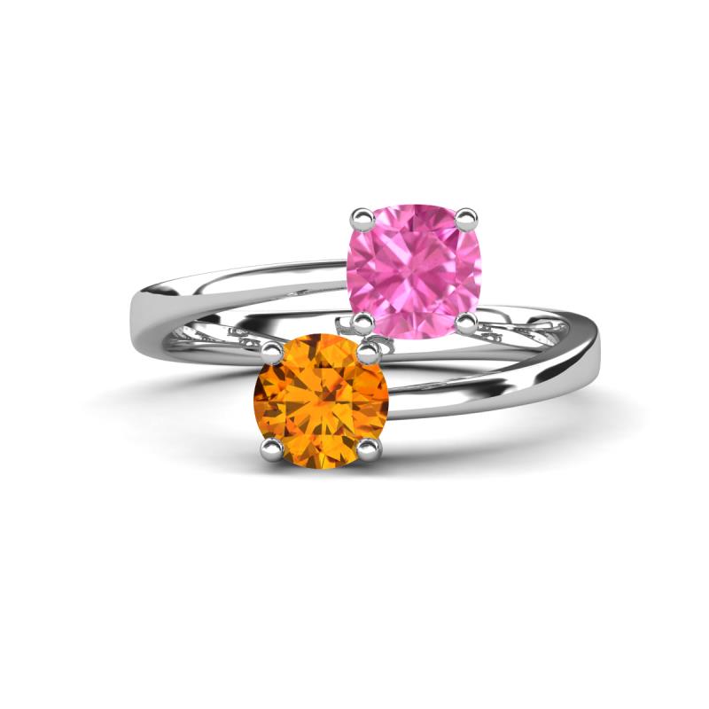 Jianna 6.00 mm Cushion Lab Created Pink Sapphire and Round Citrine 2 Stone Promise Ring 