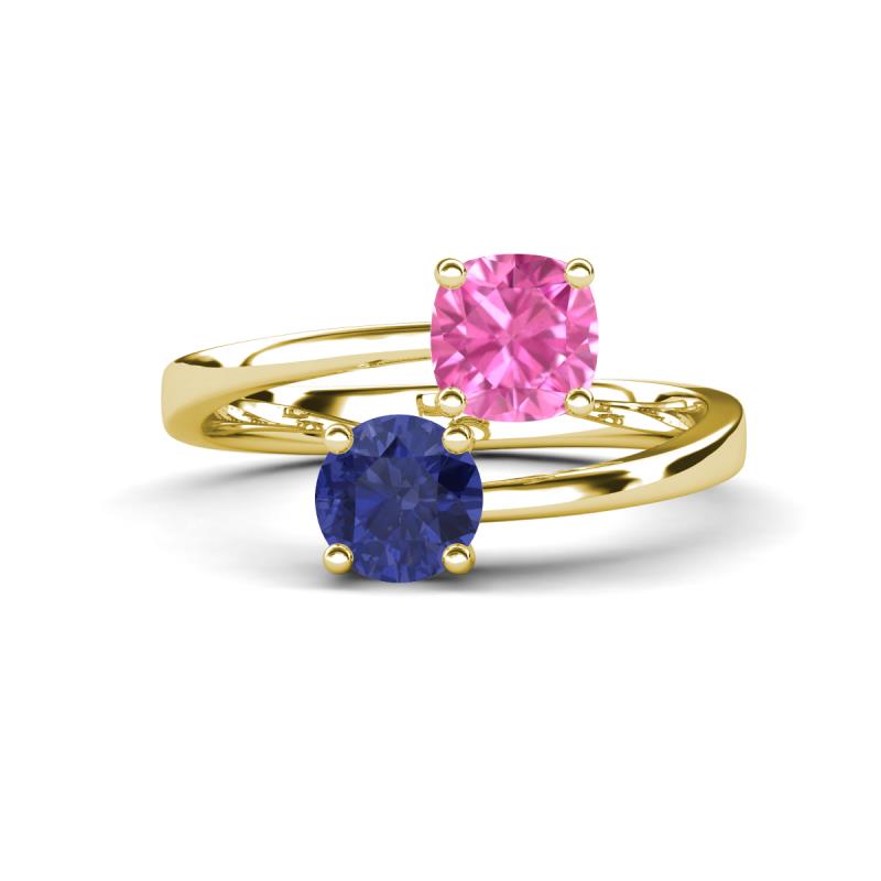Jianna 6.00 mm Cushion Lab Created Pink Sapphire and Round Iolite 2 Stone Promise Ring 
