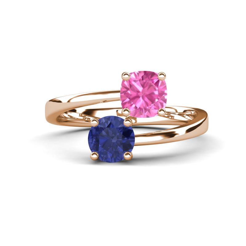 Jianna 6.00 mm Cushion Lab Created Pink Sapphire and Round Iolite 2 Stone Promise Ring 