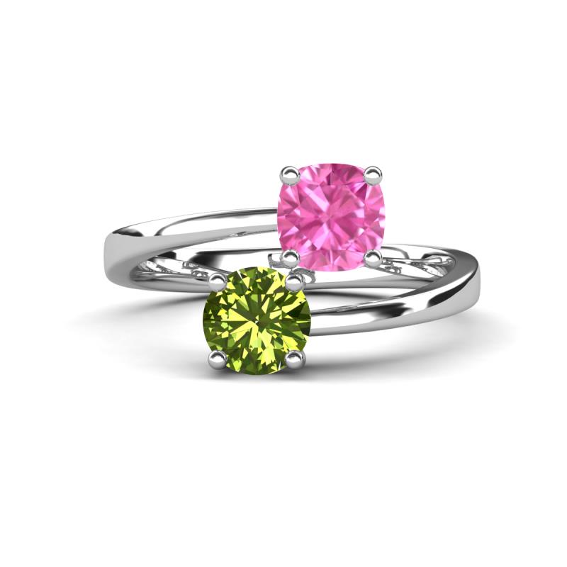 Jianna 6.00 mm Cushion Lab Created Pink Sapphire and Round Peridot 2 Stone Promise Ring 