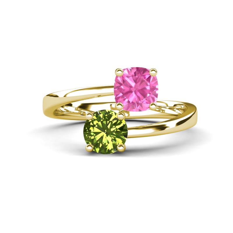 Jianna 6.00 mm Cushion Lab Created Pink Sapphire and Round Peridot 2 Stone Promise Ring 