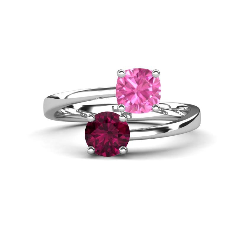 Jianna 6.00 mm Cushion Lab Created Pink Sapphire and Round Rhodolite Garnet 2 Stone Promise Ring 