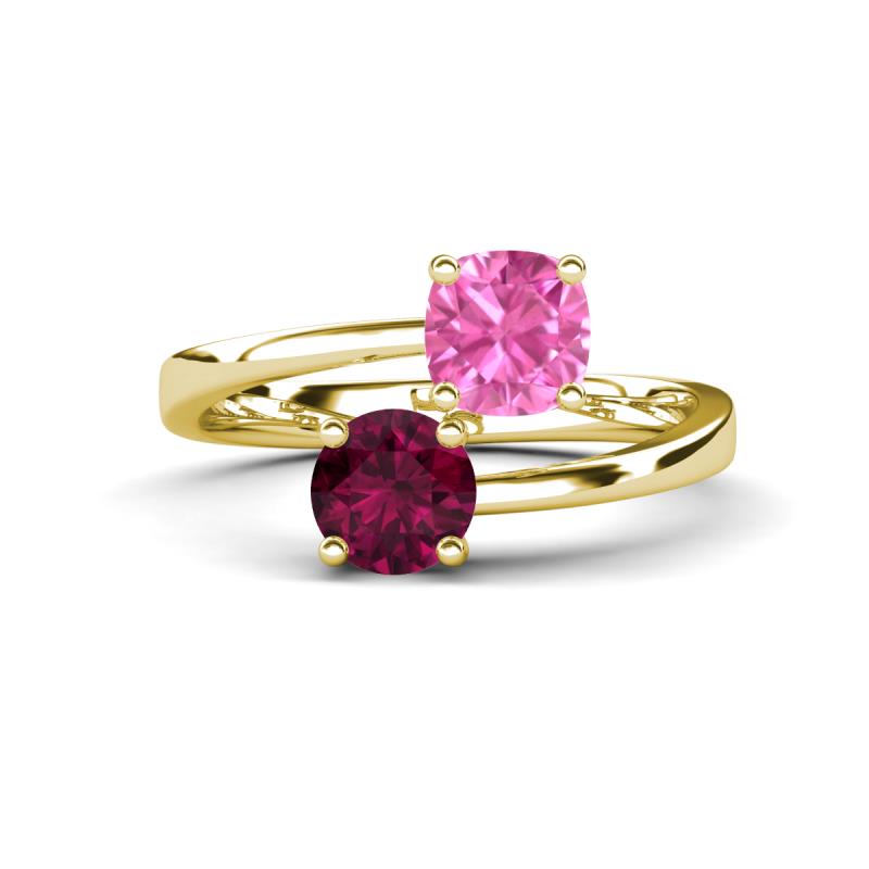 Jianna 6.00 mm Cushion Lab Created Pink Sapphire and Round Rhodolite Garnet 2 Stone Promise Ring 