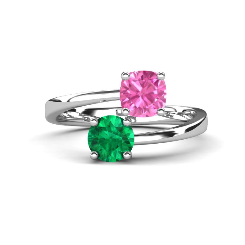 Jianna 6.00 mm Cushion Lab Created Pink Sapphire and Round Emerald 2 Stone Promise Ring 