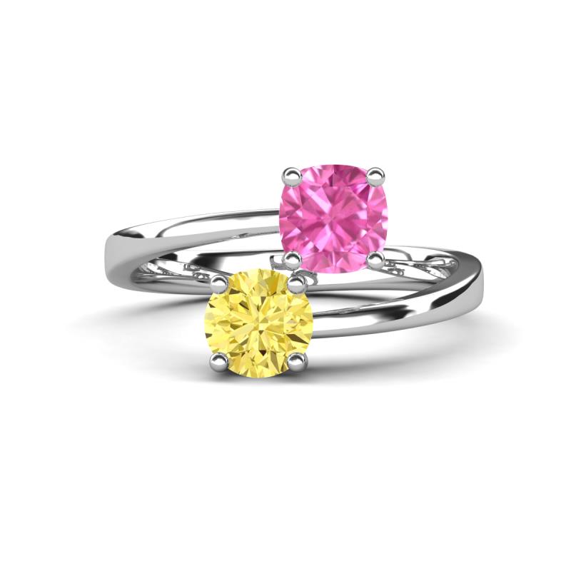 Jianna 6.00 mm Cushion Lab Created Pink Sapphire and Round Lab Created Yellow Sapphire 2 Stone Promise Ring 