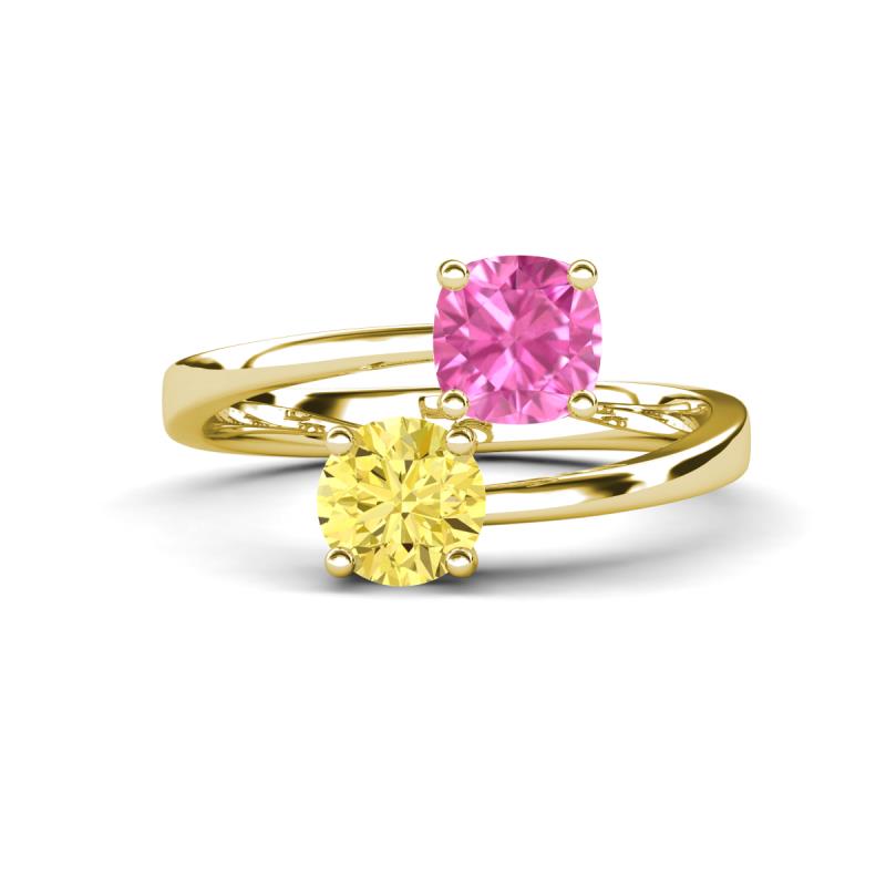 Jianna 6.00 mm Cushion Lab Created Pink Sapphire and Round Lab Created Yellow Sapphire 2 Stone Promise Ring 