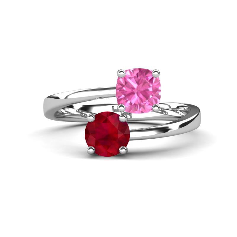 Jianna 6.00 mm Cushion Lab Created Pink Sapphire and Round Ruby 2 Stone Promise Ring 