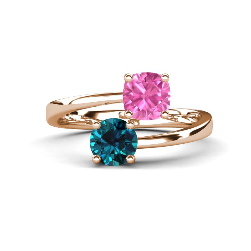 Jianna 6.00 mm Cushion Lab Created Pink Sapphire and Round Blue Diamond 2 Stone Promise Ring 