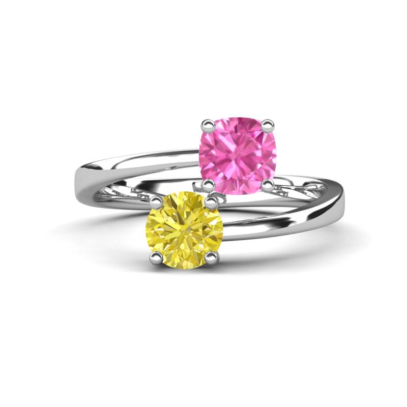 Jianna 6.00 mm Cushion Lab Created Pink Sapphire and Round Yellow Diamond 2 Stone Promise Ring 
