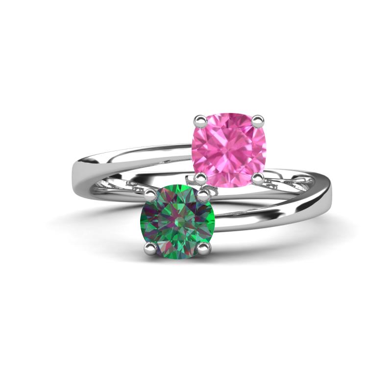 Jianna 6.00 mm Cushion Lab Created Pink Sapphire and Round Lab Created Alexandrite 2 Stone Promise Ring 