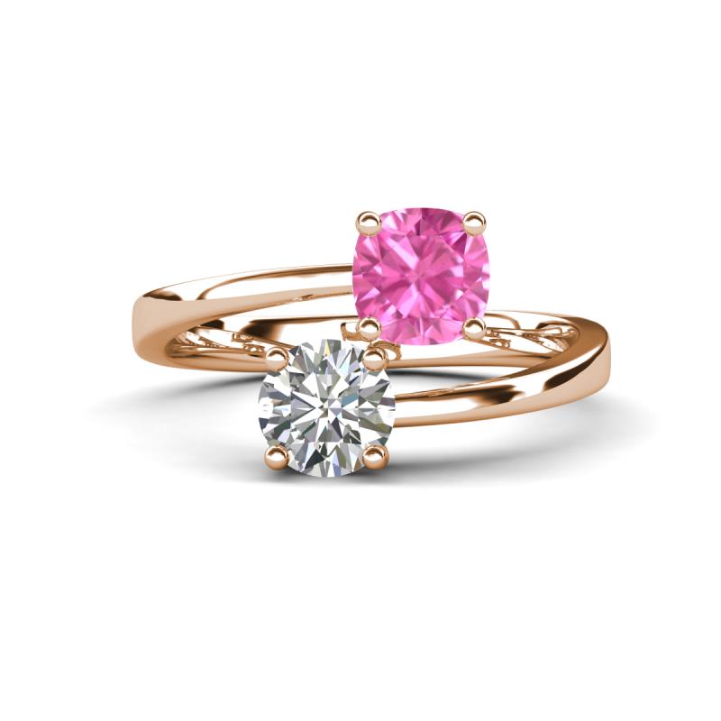 Jianna 6.00 mm Cushion Lab Created Pink Sapphire and GIA Certified Round Natural Diamond 2 Stone Promise Ring 