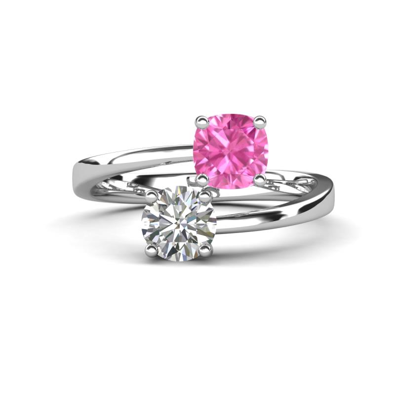 Jianna 6.00 mm Cushion Lab Created Pink Sapphire and Round Forever Brilliant Moissanite 2 Stone Promise Ring 