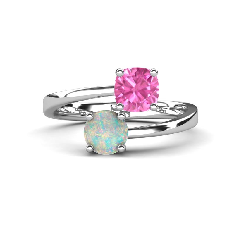 Jianna 6.00 mm Cushion Lab Created Pink Sapphire and Round Opal 2 Stone Promise Ring 