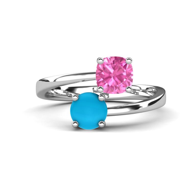 Jianna 6.00 mm Cushion Lab Created Pink Sapphire and Round Turquoise 2 Stone Promise Ring 