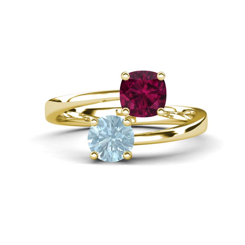 Jianna 6.00 mm Cushion Rhodolite Garnet and Round Aquamarine 2 Stone Promise Ring 