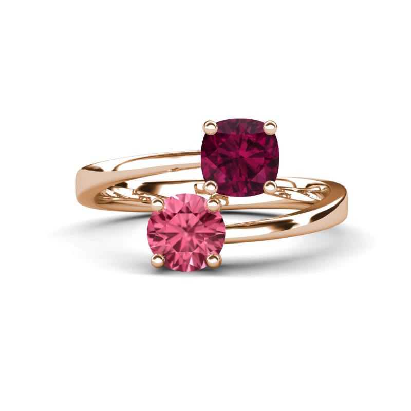 Jianna 6.00 mm Cushion Rhodolite Garnet and Round Pink Tourmaline 2 Stone Promise Ring 