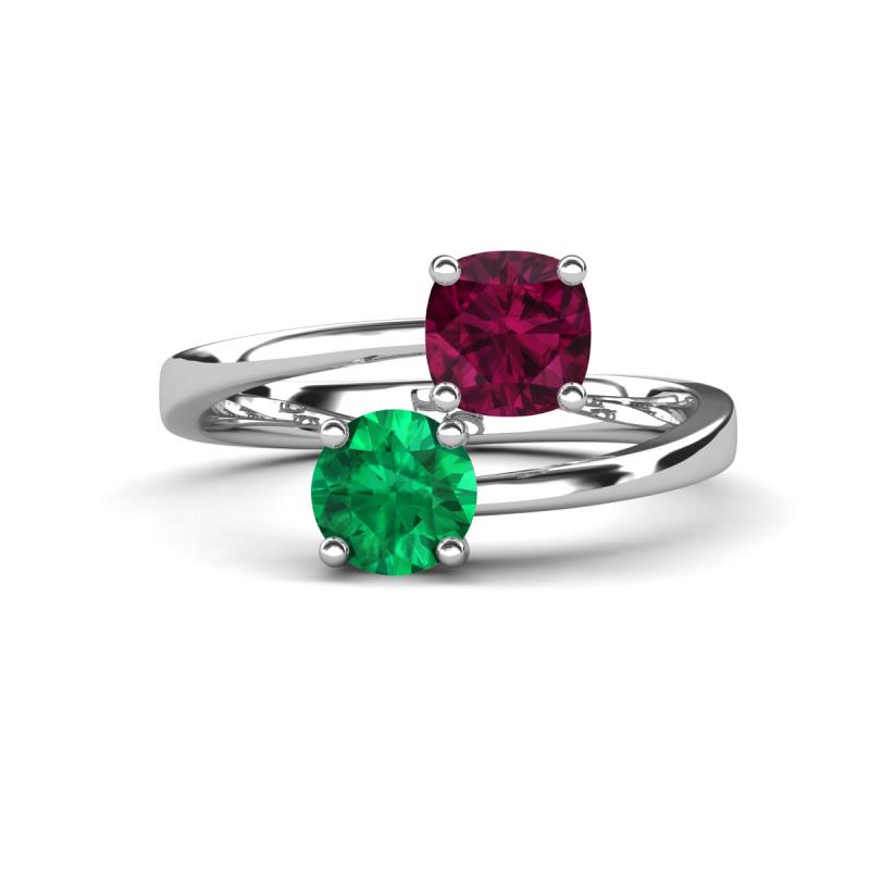 Jianna 6.00 mm Cushion Rhodolite Garnet and Round Emerald 2 Stone Promise Ring 