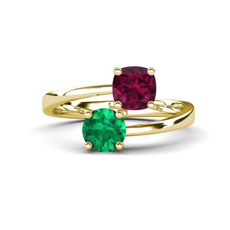 Jianna 6.00 mm Cushion Rhodolite Garnet and Round Emerald 2 Stone Promise Ring 