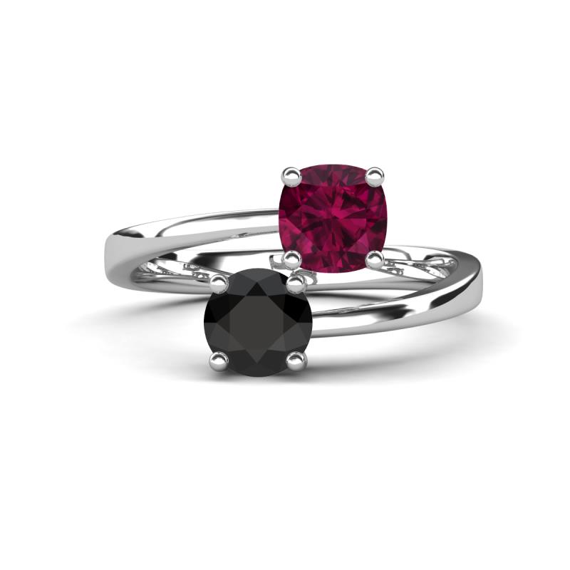 Jianna 6.00 mm Cushion Rhodolite Garnet and Round Black Diamond 2 Stone Promise Ring 