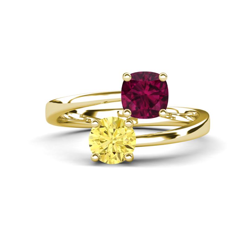 Jianna 6.00 mm Cushion Rhodolite Garnet and Round Lab Created Yellow Sapphire 2 Stone Promise Ring 