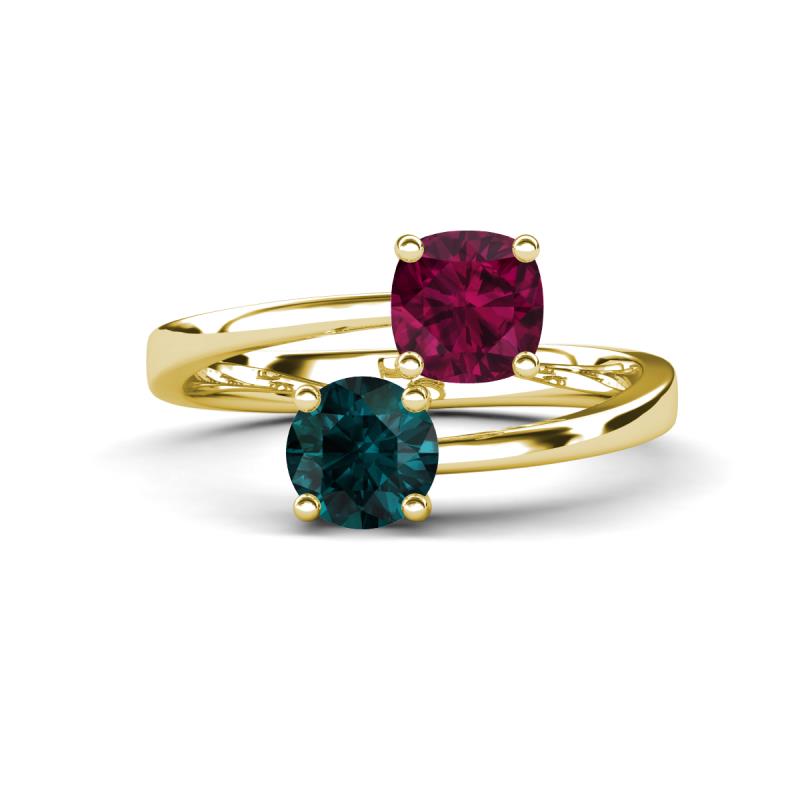 Jianna 6.00 mm Cushion Rhodolite Garnet and Round London Blue Topaz 2 Stone Promise Ring 