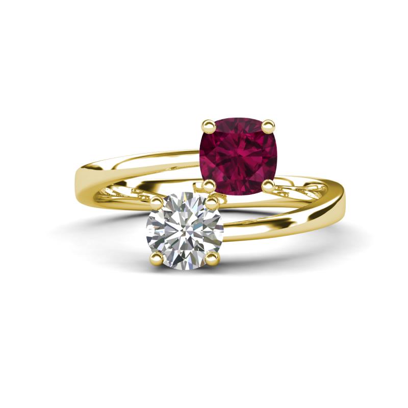 Jianna 6.00 mm Cushion Rhodolite Garnet and GIA Certified Round Natural Diamond 2 Stone Promise Ring 