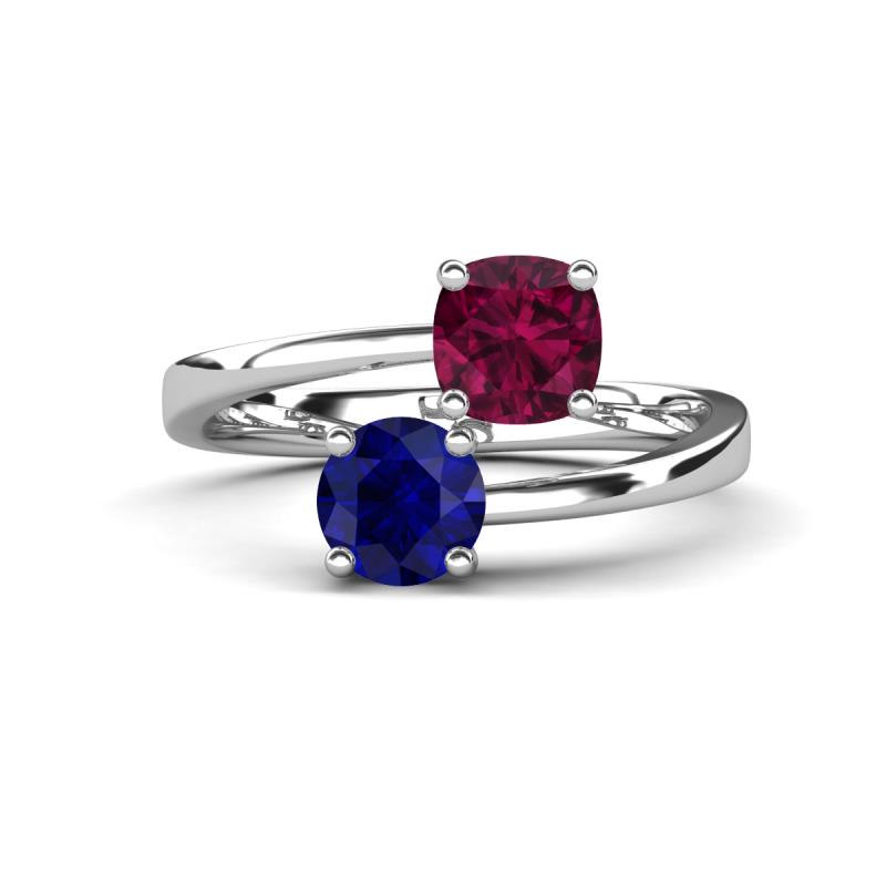 Jianna 6.00 mm Cushion Rhodolite Garnet and Round Blue Sapphire 2 Stone Promise Ring 