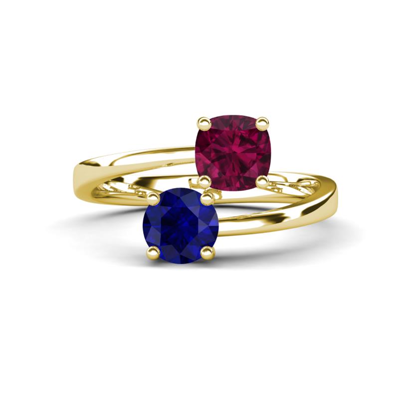 Jianna 6.00 mm Cushion Rhodolite Garnet and Round Blue Sapphire 2 Stone Promise Ring 