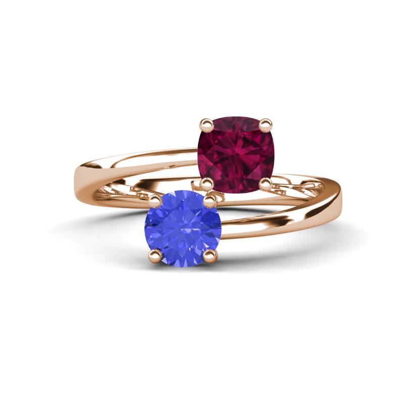 Jianna 6.00 mm Cushion Rhodolite Garnet and Round Tanzanite 2 Stone Promise Ring 